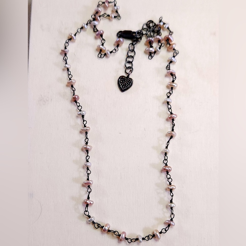 Genuine Light Pink Blush Color Freshwater Pearls Gun Metal Link Chain Necklace